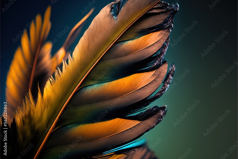 Poster a close up of a colorful feather on a blue background with a green background and a black background