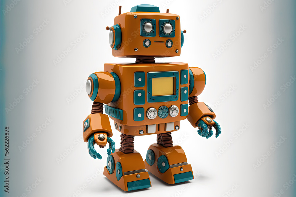 Poster a retro toy robot isolated on a white background. generative ai
