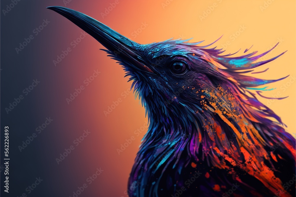 Poster a bird with a long beak and a colorful background is shown in this image, it is looking up at the sk