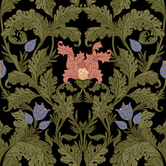 Floral vintage seamless pattern for retro wallpapers. Enchanted Vintage Flowers. Arts and Crafts movement inspired. Design for wrapping paper, wallpaper, fabrics and fashion clothes.