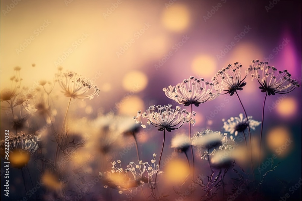 Poster a field of dandelions with a blurry background of the dandelions in the foreground is a purple sky a