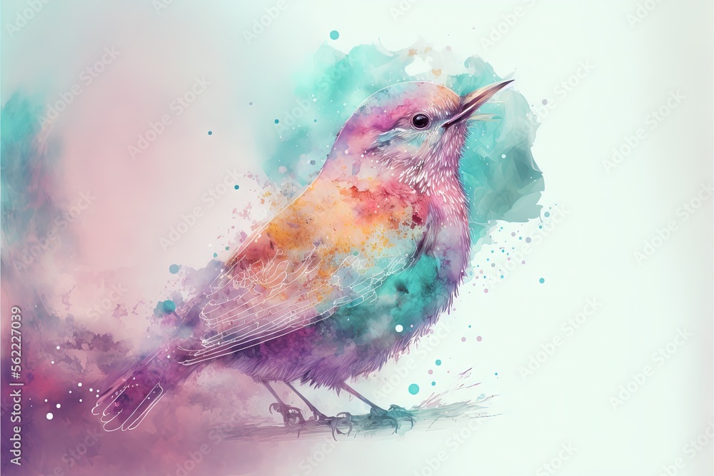 Aufkleber a colorful bird with a long beak sitting on a branch with watercolor paint splatters on it's wings a