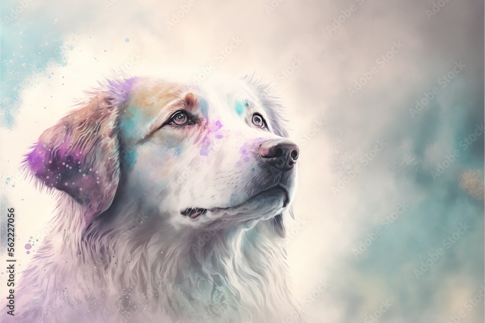 Aufkleber a dog with a blue sky background and clouds in the background is a painting of a dog with a blue sky