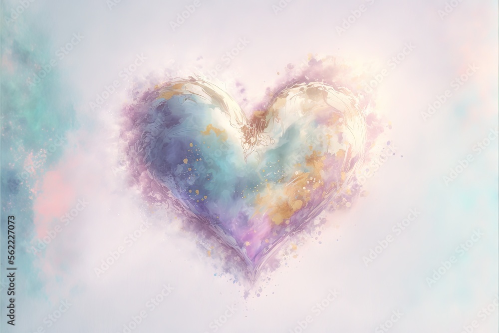 Poster a heart shaped object with a sky background and clouds in the background with a light blue and pink 