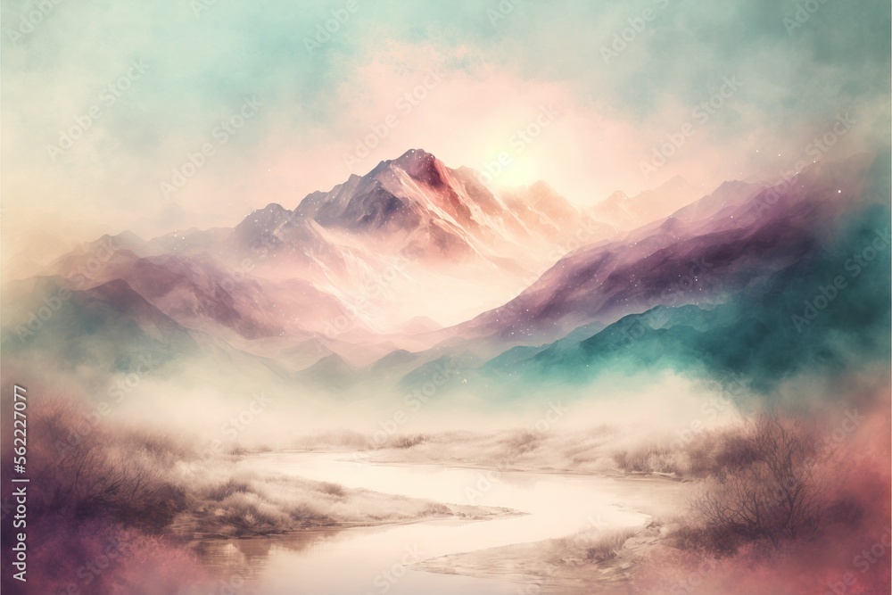 Poster a painting of a mountain range with a river running through it and a sky filled with clouds above it