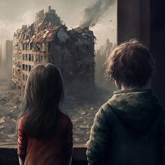 Children are waiting for the end of the war. Child of war, child and war. Created with Generative AI technology