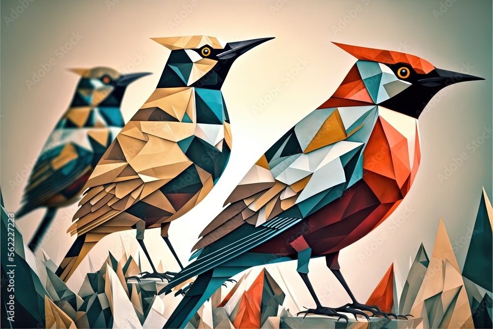 Poster two colorful birds sitting on top of each other on a table top with a sky background behind them and