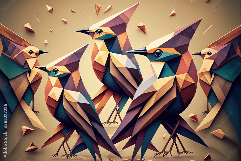 Poster a group of birds standing next to each other on a brown background with a yellow background and a br