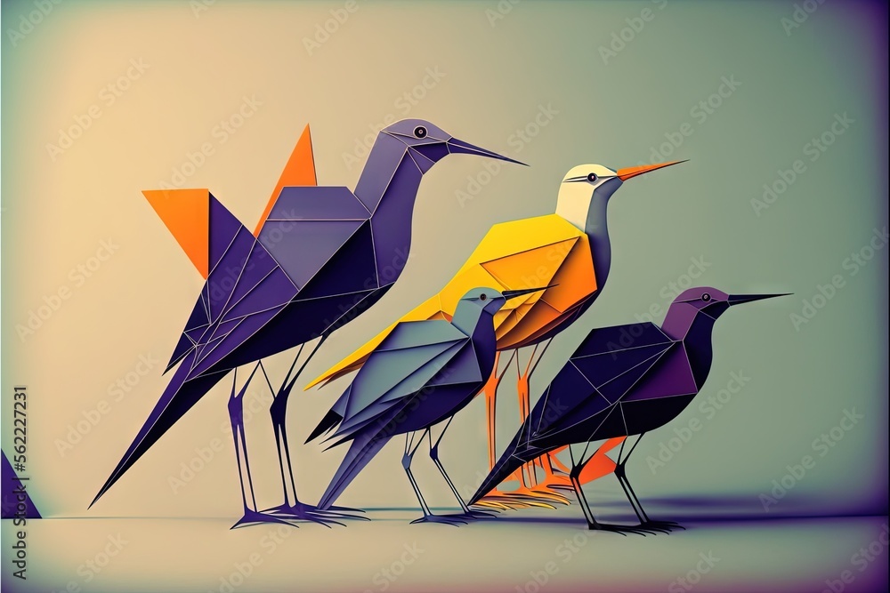 Poster a group of birds standing next to each other on a table top next to a wall with a sky background beh