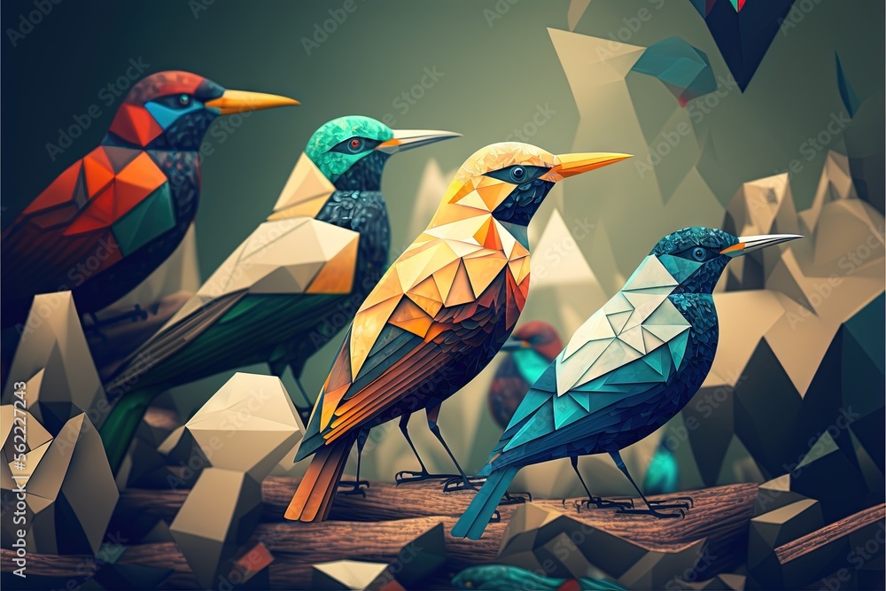 Poster a group of birds sitting on top of a wooden branch in front of a sky background with low poly shapes