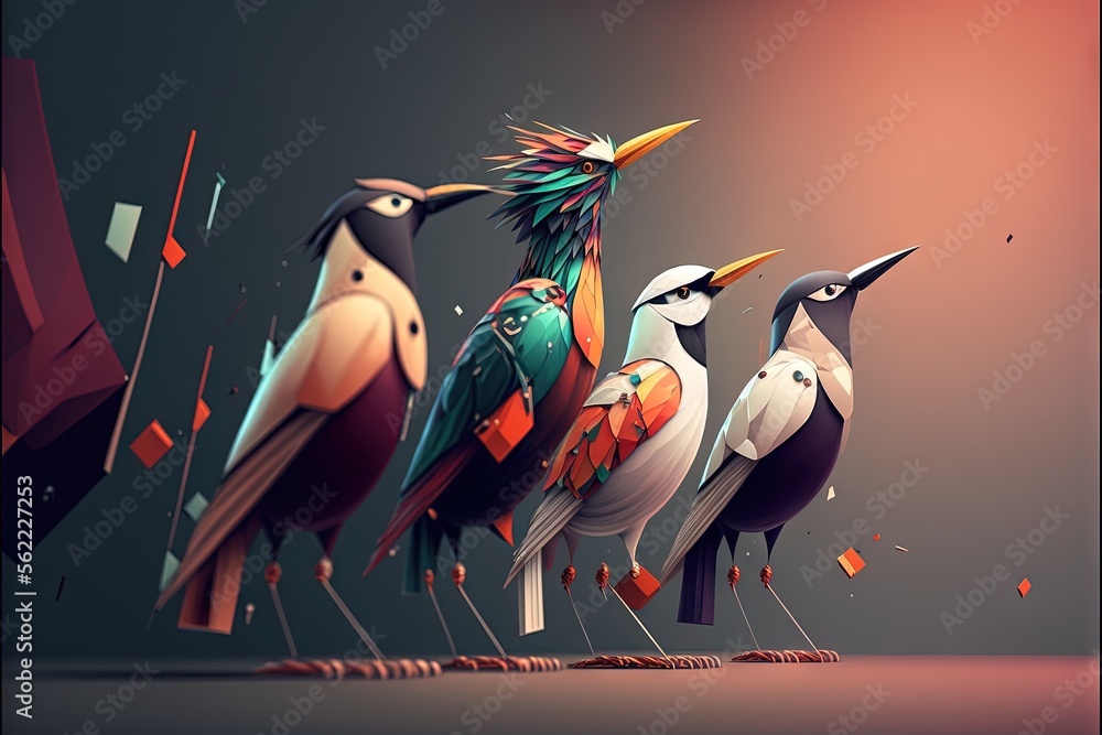 Poster a group of birds standing on top of each other on a pole with a flag in the background and a flag in