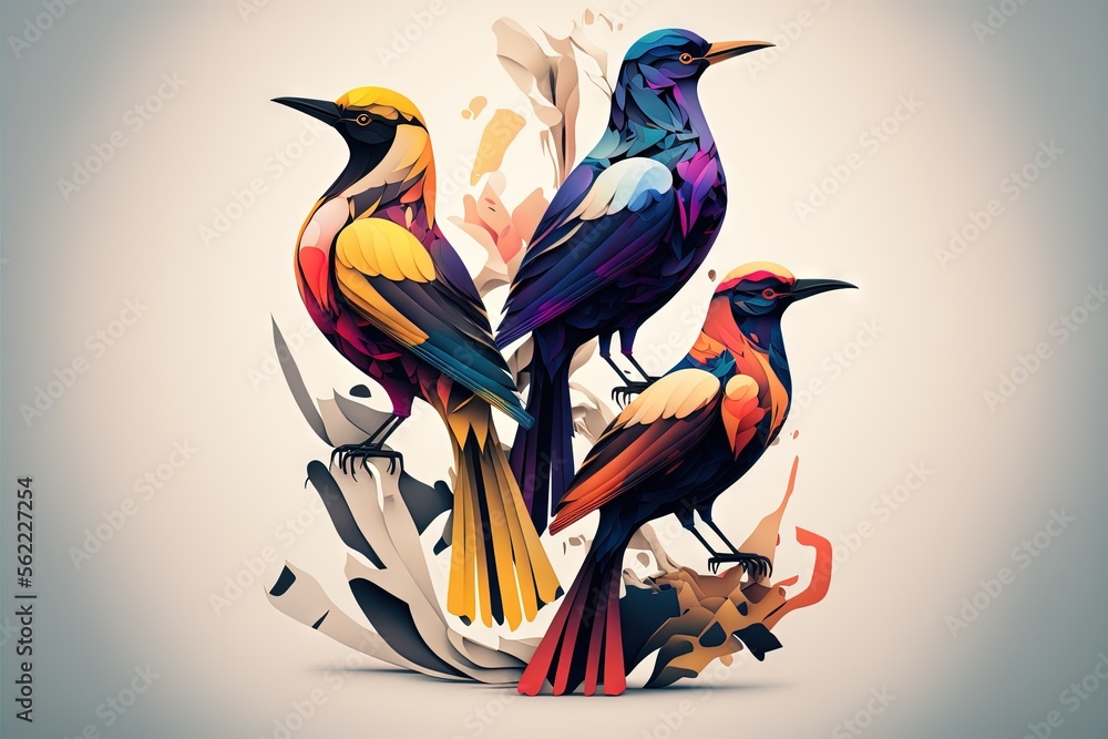 Aufkleber a group of birds sitting on top of a tree branch with leaves around them and a sky background behind