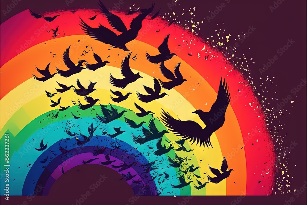 Poster a rainbow with birds flying over it and a rainbow in the background with stars and splots on it, and