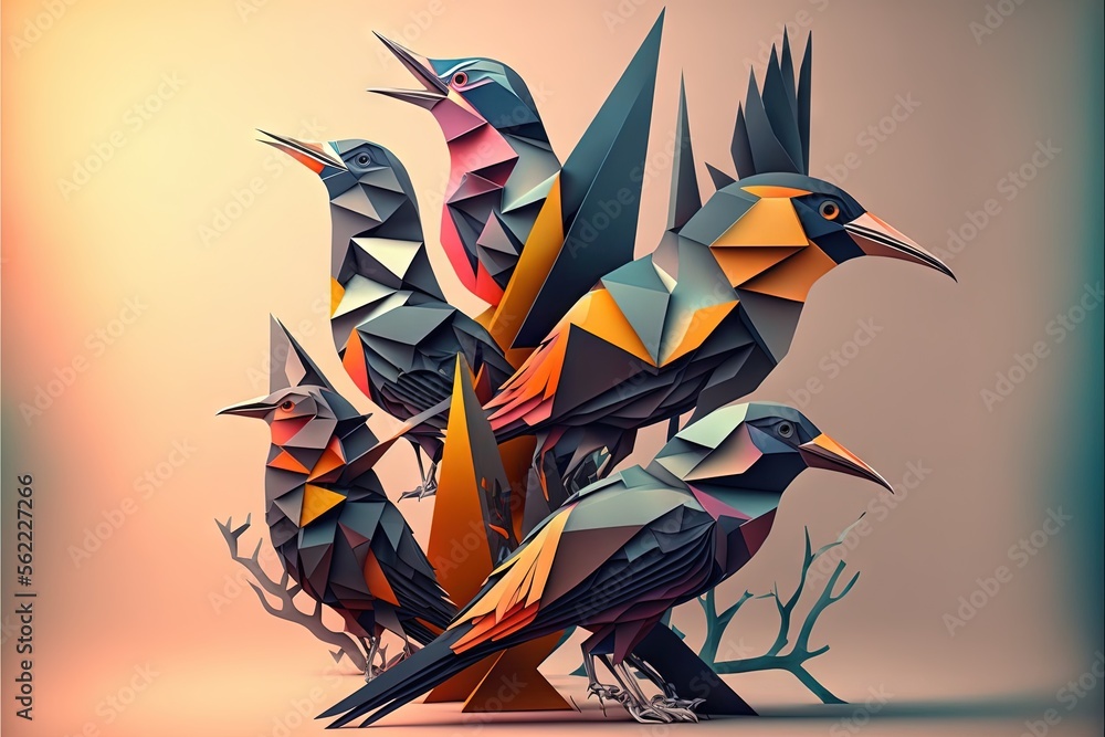 Poster a group of birds sitting on top of a tree branch with leaves on it's branches and a sky background b