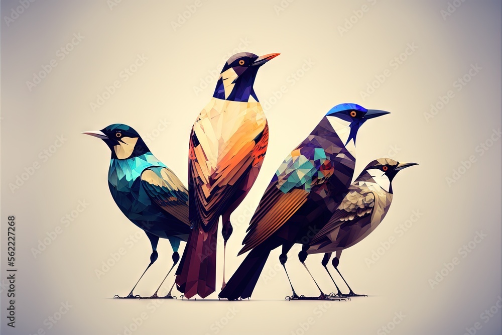 Aufkleber a group of birds standing next to each other on a white background with a blue sky in the background