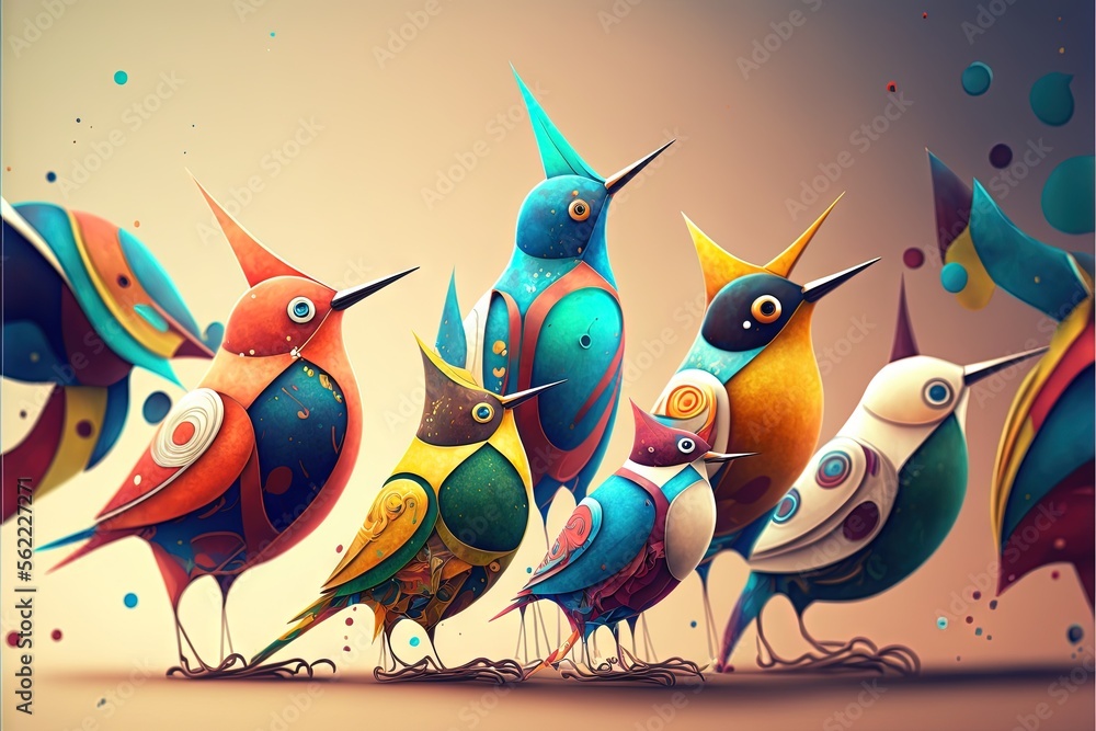 Poster a group of colorful birds standing next to each other on a floor with bubbles in the background and 