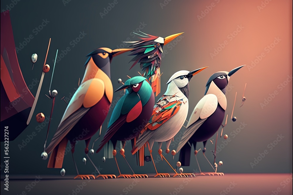 Poster a group of birds standing next to each other on a table with a black background and a red and white 