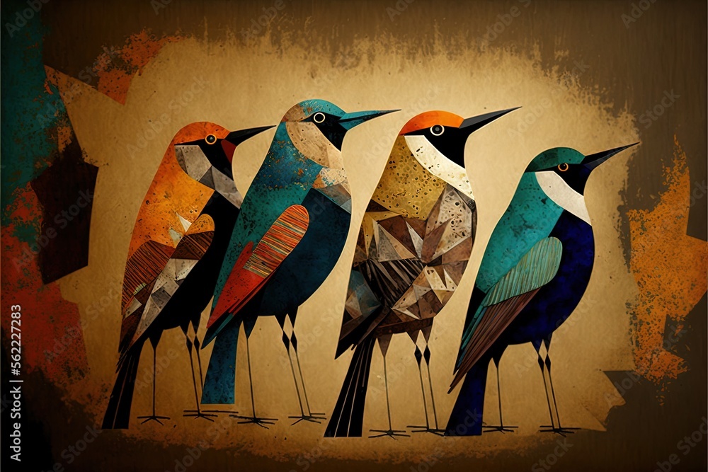 Aufkleber a group of birds sitting on top of each other on a wall next to a wall with a brown background and a