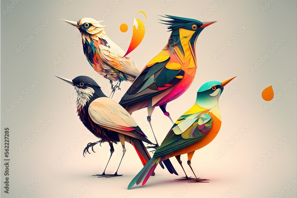Poster a group of birds standing next to each other on a white background with a yellow circle in the middl