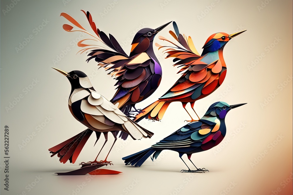 Poster a group of birds standing next to each other on a white surface with a red frame around them and a b