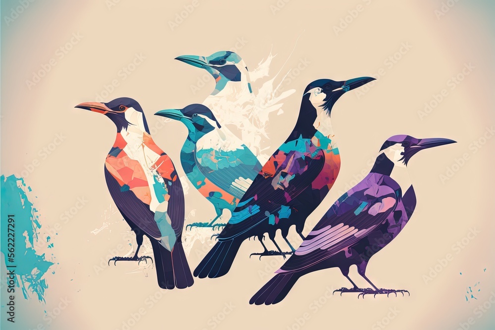 Poster a group of birds sitting on top of each other on a white background with a blue sky in the backgroun