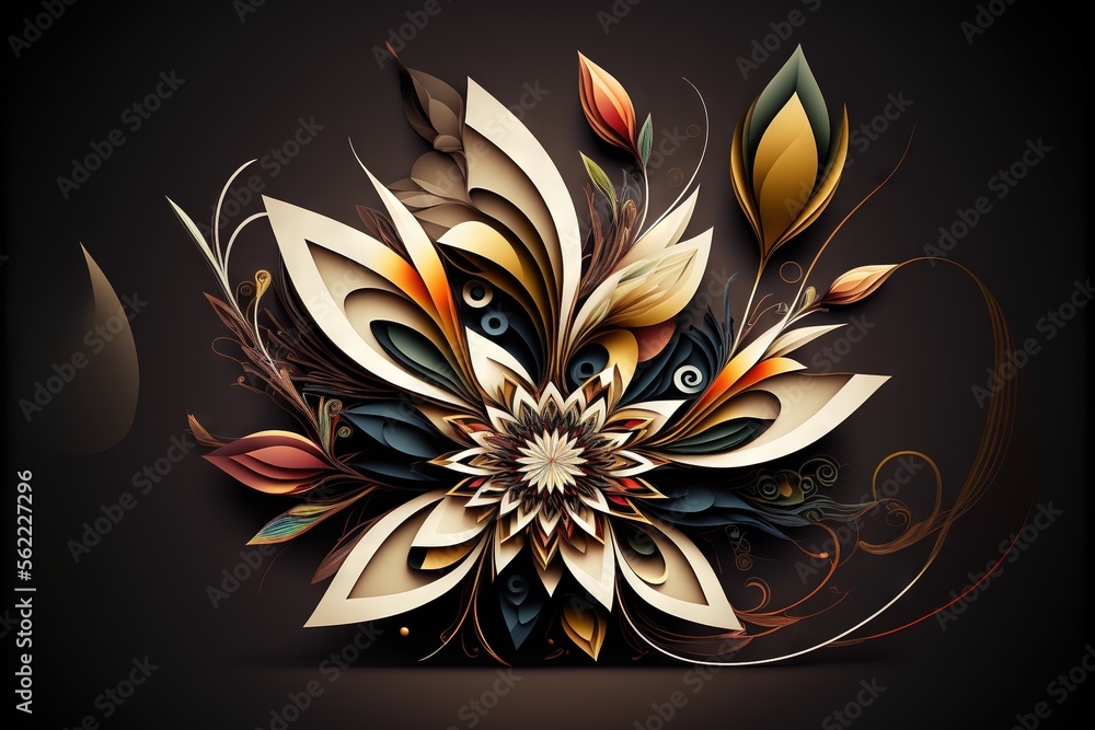 Poster a colorful flower with many leaves on it's petals and a black background with a white and yellow flo