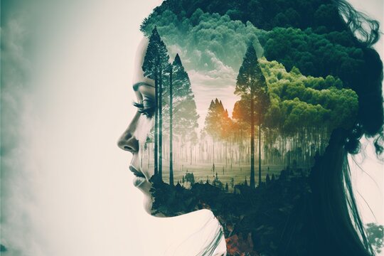  a woman's face with trees and clouds in the background, and a forest in the middle of the image, with a double exposure of the image being a double exposure of a double exposure. Generative AI