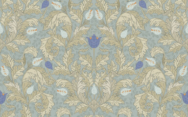 Floral vintage seamless pattern for retro wallpapers. Enchanted Vintage Flowers. Arts and Crafts movement inspired. Design for wrapping paper, wallpaper, fabrics and fashion clothes.
