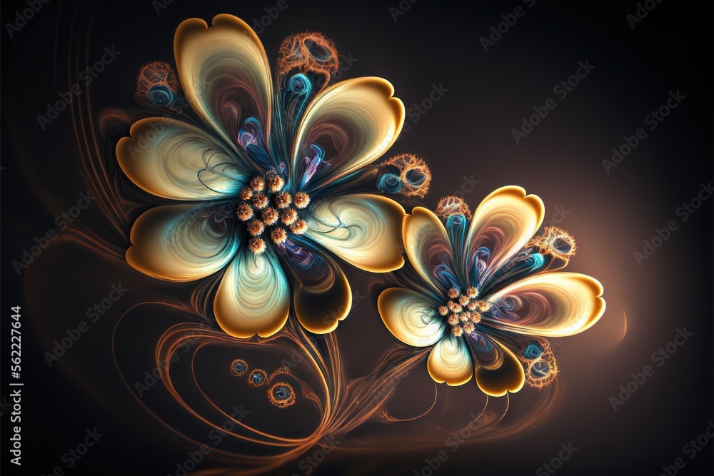 Poster a computer generated image of two flowers on a black background