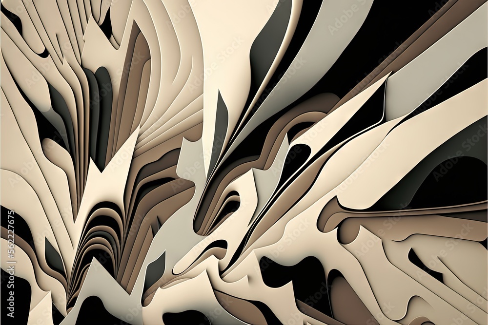 Poster a black and white abstract painting with a black background and a white and brown design on the bott