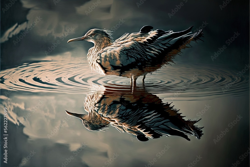 Poster two birds standing in the water with their reflection in the water and clouds in the background, wit