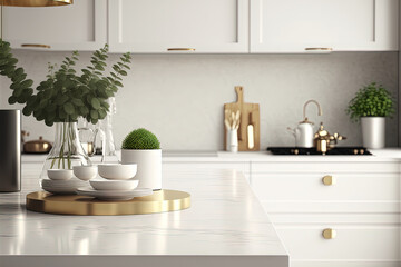 Fototapeta na wymiar , illustration A contemporary luxury white kitchen tabletop with decorations and copy space for montaging your product display over a background of a modern kitchen that is blurred. Generative AI