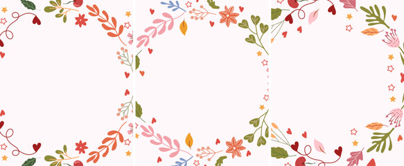 Beautiful greeting cards with wreaths of flowers, leaves and hearts in a around. Bright illustrations for greeting cards, invitations to weddings, birthdays and others. Vector. 
