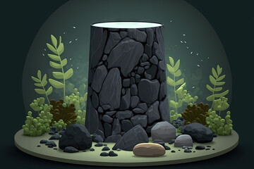 A dark cylindrical pedestal for displaying products. product mockup on a stand. a dark shade. On the foreground and background are rocks and stones. illustration. Generative AI