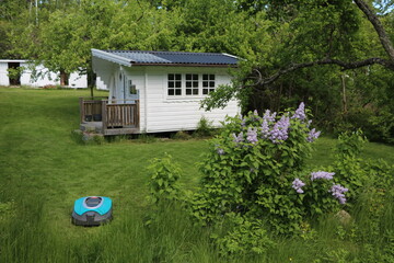 Reduced workload with the Robotic lawnmower in the garden, Sweden - 562228087