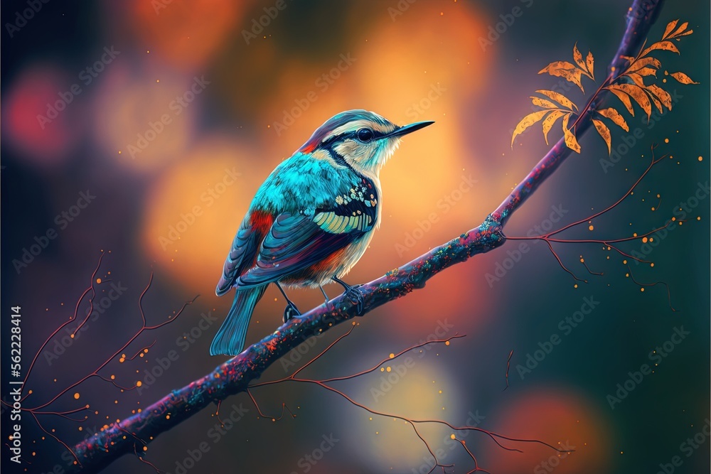 Poster  a bird sitting on a branch with a colorful background behind it and a blurry background behind it, with a blurry background of leaves and a blurry background with a bird on the branch. generative ai