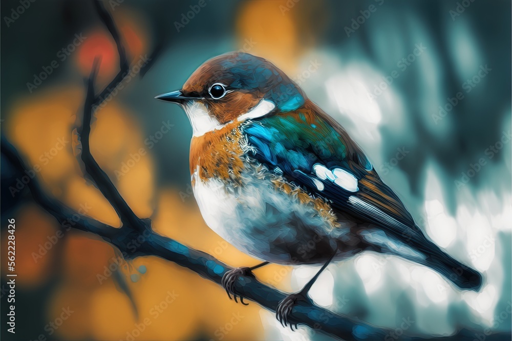 Poster a bird sitting on a branch with a blurry background behind it and a blurry background behind it, wit