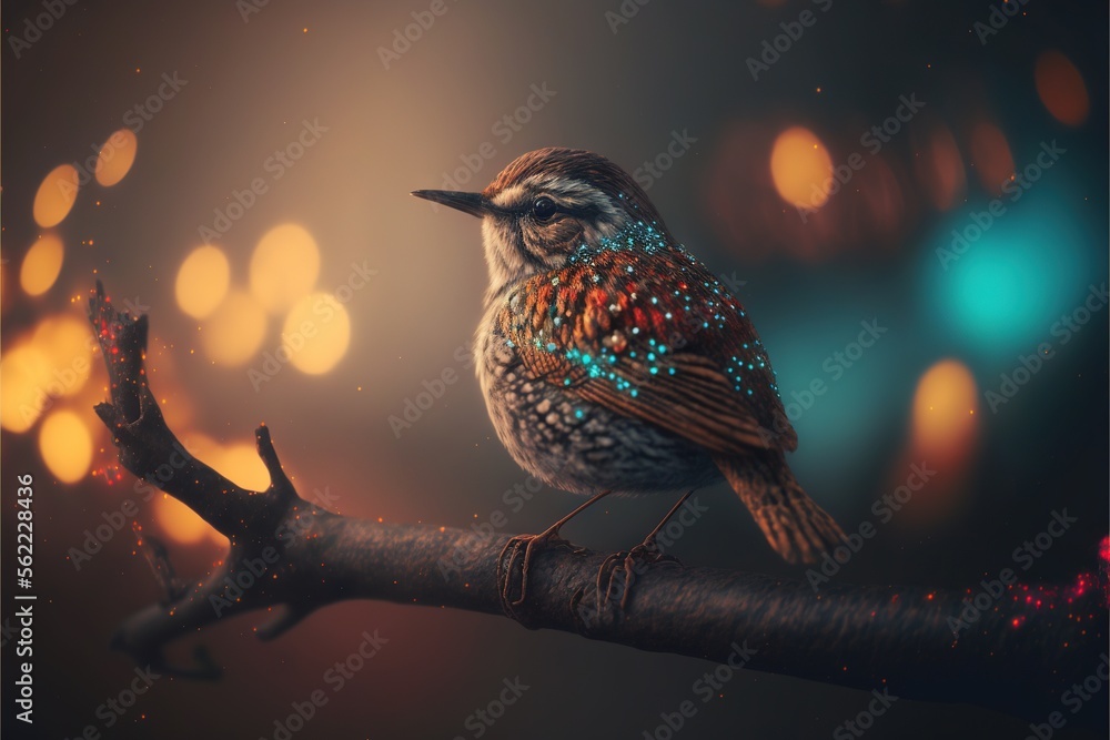 Aufkleber a bird sitting on a branch with a blurry background behind it and a boke of lights in the background