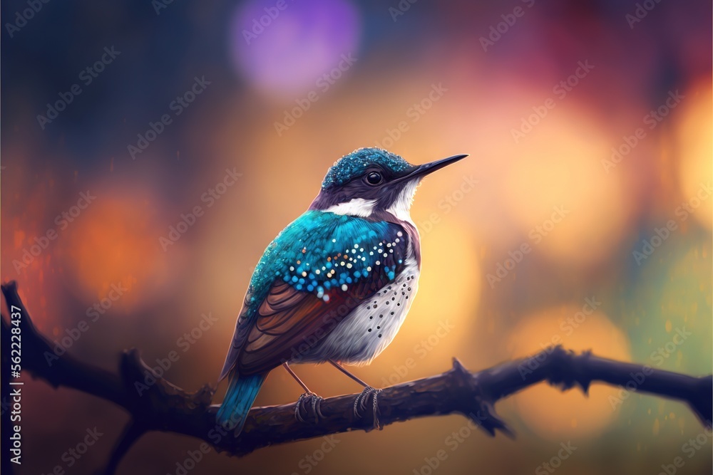 Poster a colorful bird sitting on a branch with a blurry background behind it and a blurry background behin