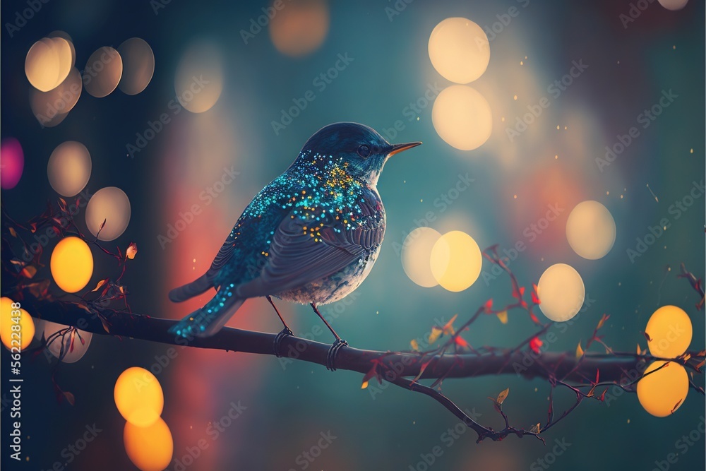 Poster a bird sitting on a branch with a blurry background of lights in the background and a boke of lights