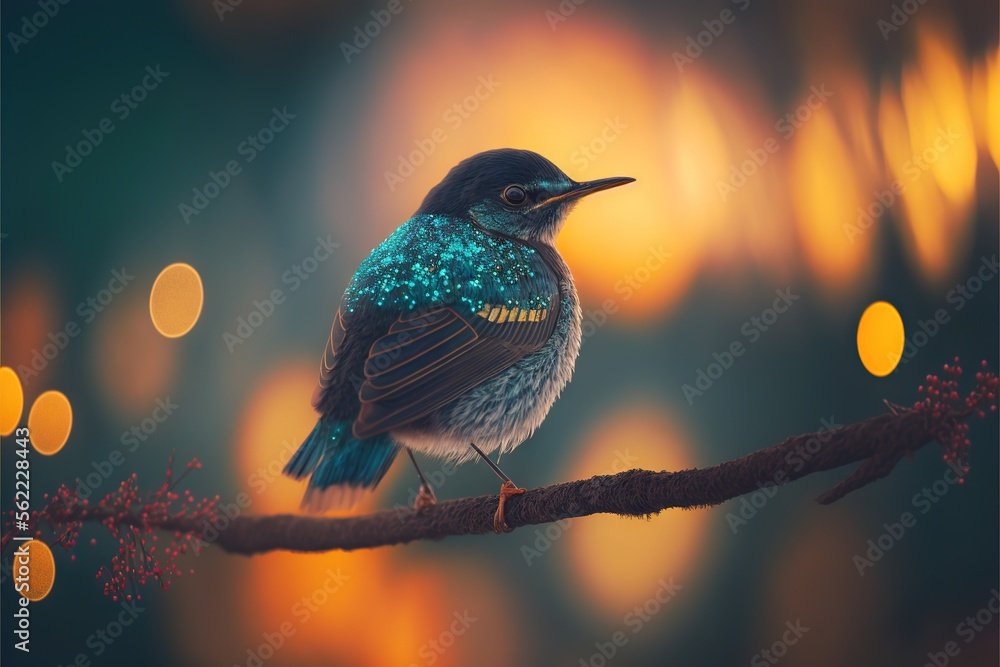 Poster a small bird sitting on a branch with blurry lights in the background and a blurry background behind