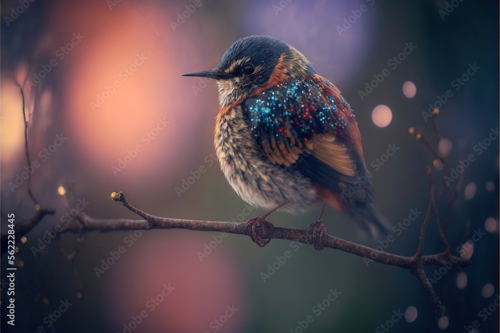 Poster a bird sitting on a branch with a blurry background behind it and a blurry background behind it, wit