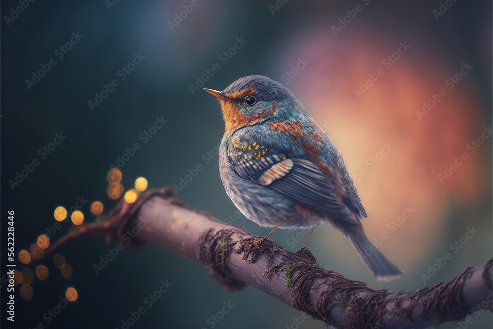 Poster a bird sitting on a branch with a blurry background behind it and a blurry background behind it, wit