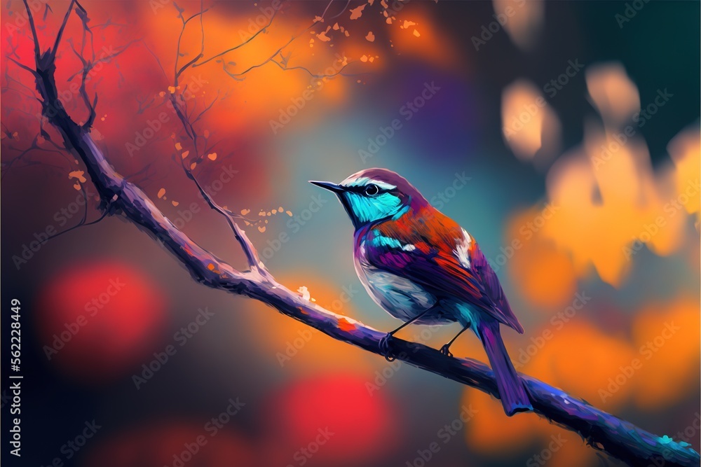 Poster a colorful bird sitting on a branch of a tree with a blurry background of leaves and branches in the