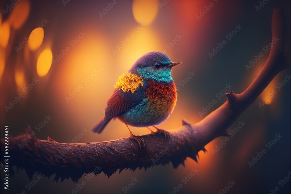 Poster a colorful bird sitting on a branch in a tree with a blurry background of lights in the background a