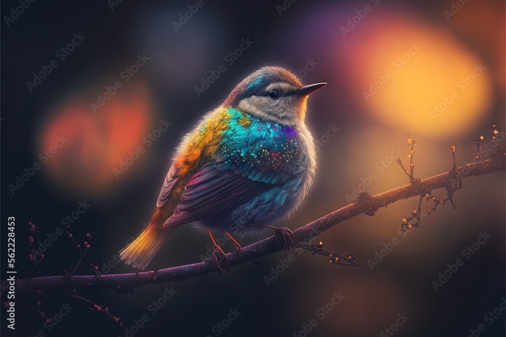 Poster a colorful bird perched on a branch with blurry background and boke of lights in the background, wit