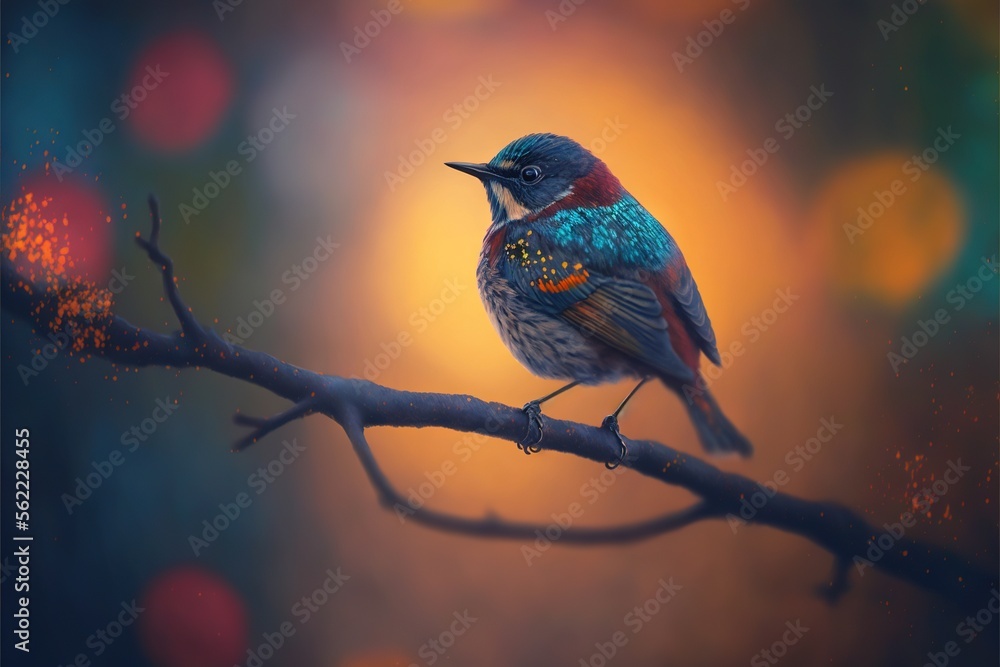 Poster a bird sitting on a branch with a blurry background behind it and a blurry background behind it, wit
