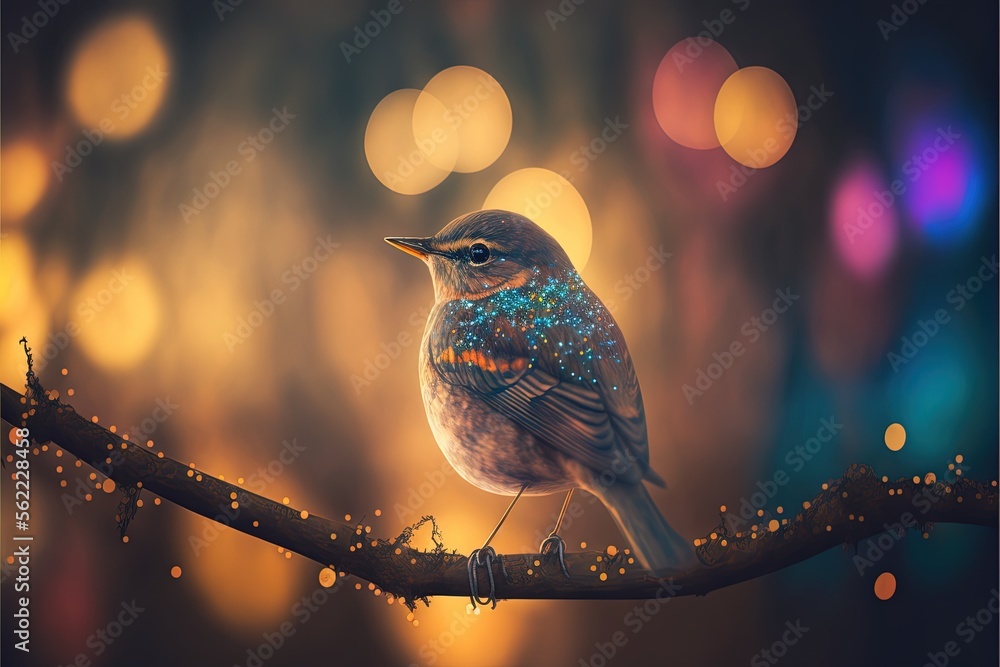 Aufkleber a bird sitting on a branch with a blurry background behind it and a boke of lights in the background