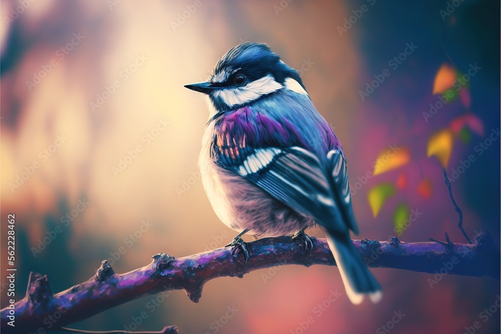 Poster a bird sitting on a branch with a blurry background behind it and a blurry background behind it, and