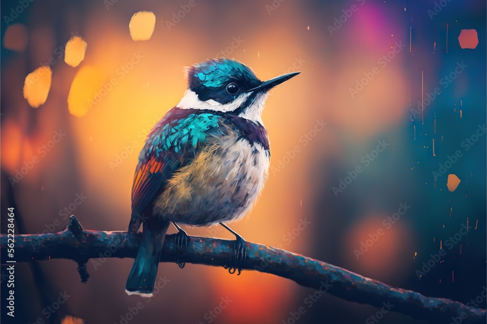 Poster a colorful bird sitting on a branch in the rain with a blurry background of trees and lights in the 